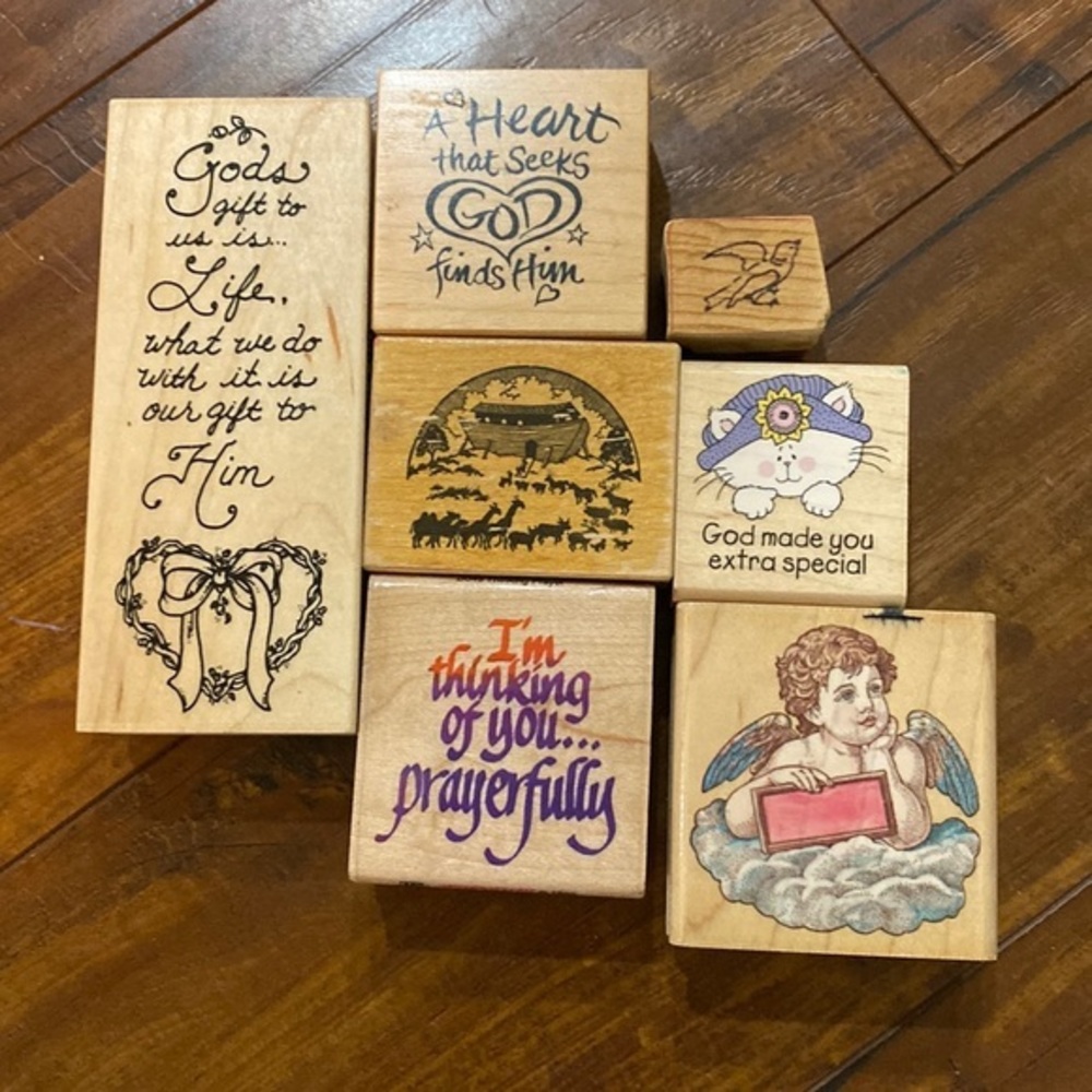 7 Vintage Christian Rubber Stamp Lot Noah’s Ark Angels Scripture Inspirational
